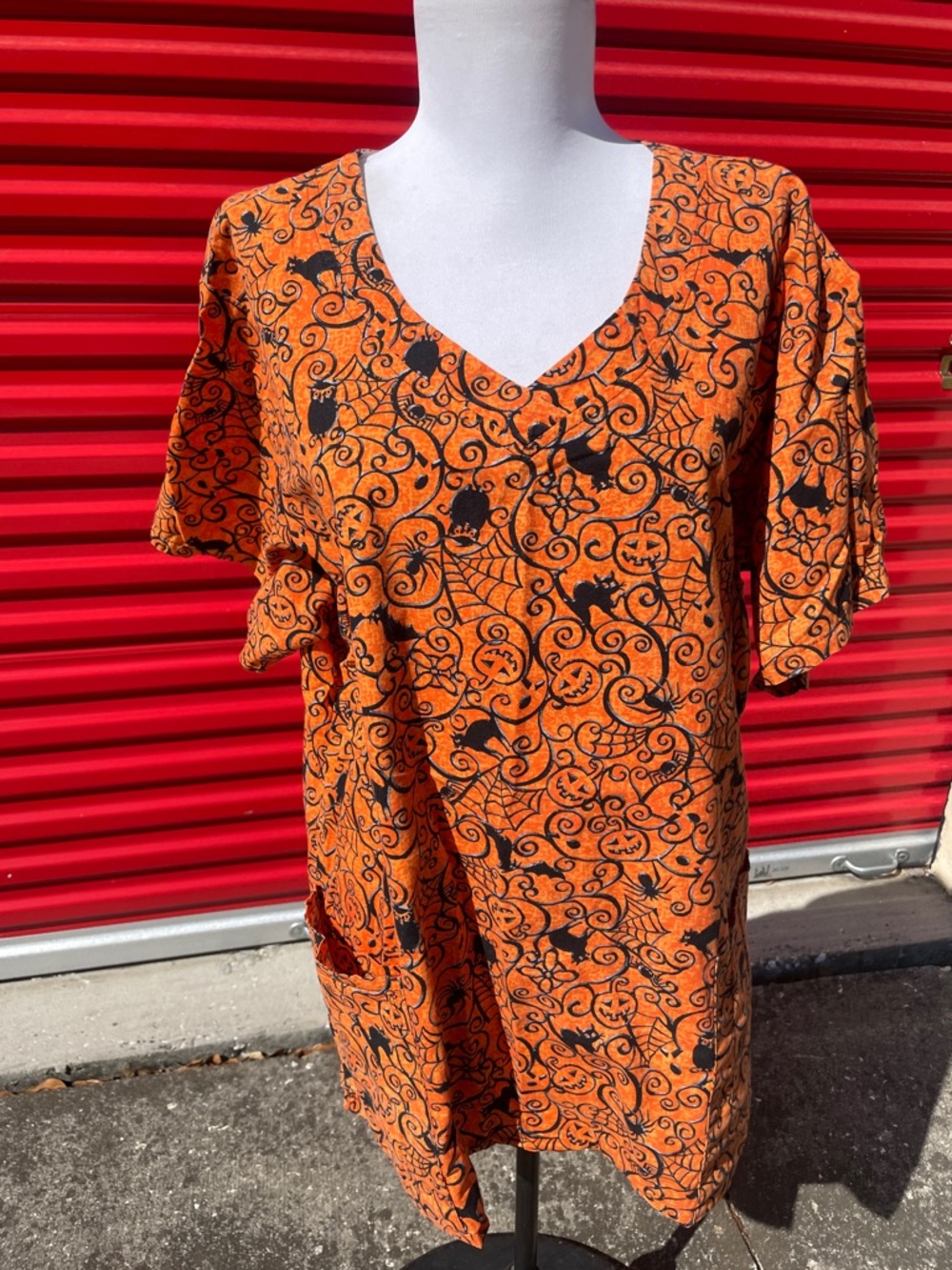 Women’s Orange Halloween Print V-Neck Dress
